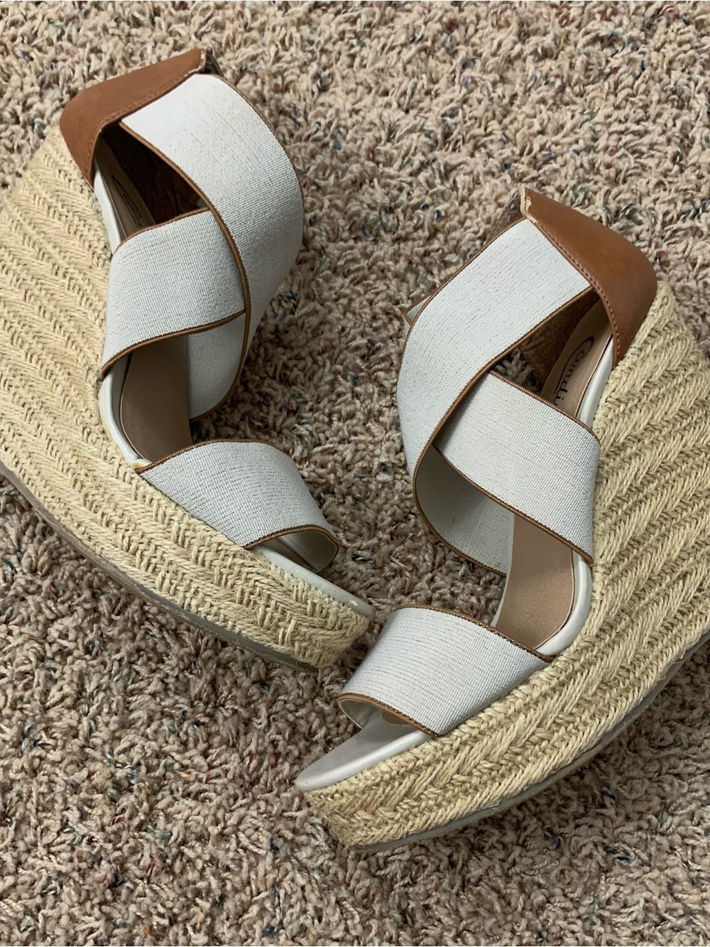 Candie’s Tan Wide Strap Wicker Espadrille Wedge Heels